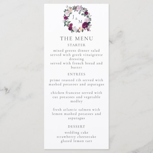 Elegante bordeauxfarbene moderne Skriptkarte Menükarte (Vorderseite)