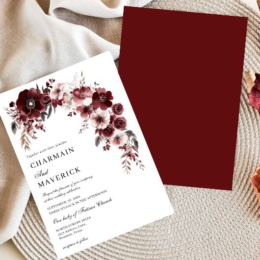 Elegante bordeauxfarbene Rose und Blumendesign Hoc Einladung