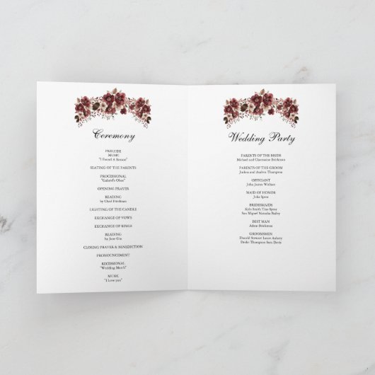 Elegante bordeauxfarbene Rose und Blumendesign Hoc Programm (Innenseite)