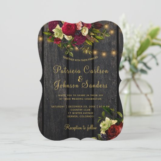 Elegante bordeauxfarbene, rustikale Holzhütte Hoch Einladung (Stehend Vorderseite)