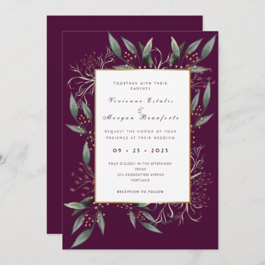Elegante, bordeauxgrüne Blattgold-Hochzeit Einladung (Vorne/Hinten)