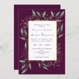 Elegante, bordeauxgrüne Blattgold-Hochzeit Einladung