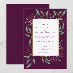 Elegante, bordeauxgrüne Blattgold-Hochzeit Einladung