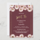 Elegante bordeauxrote goldene Blume Süß 16 Einladung (Vorderseite)