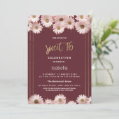 Elegante bordeauxrote goldene Blume Süß 16 Einladung (Stehend Vorderseite)