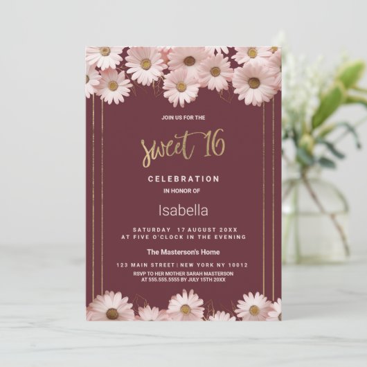 Elegante bordeauxrote goldene Blume Süß 16 Einladung (Stehend Vorderseite)