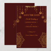Elegante bordeauxrote und goldene Save-the-Date-Ka Save The Date (Vorne/Hinten)