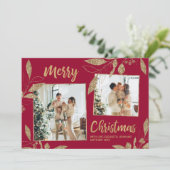 Elegante Bordo Gold Blätter 2 Foto Weihnachtskarte (Stehend Vorderseite)