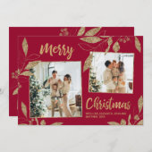 Elegante Bordo Gold Blätter 2 Foto Weihnachtskarte (Vorne/Hinten)