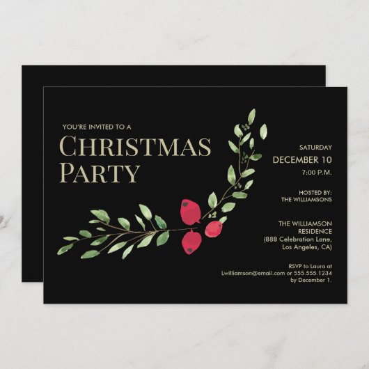 Elegante Boss Christmas Party Black Holly Red Einladung (Vorne/Hinten)