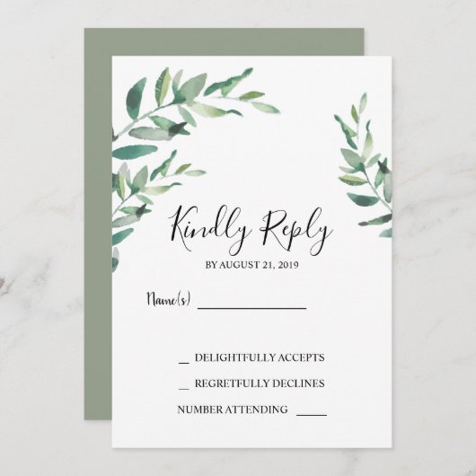 Elegante botanische Aquarellfarben-Blätter Hochzei Einladung (Vorne/Hinten)