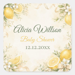 Elegante botanische Babyparty mit Zitrone Quadratischer Aufkleber