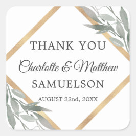 Elegante botanische Blätter Gold Wedding DANK Quadratischer Aufkleber