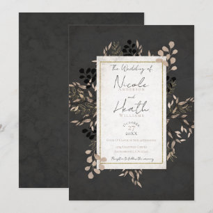 Elegante botanische Blätter Grau Rosa Gold Hochzei Einladung