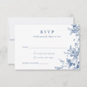 Elegante botanische blaue RSVP-Karte für die Botan Einladung (Vorderseite)