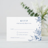 Elegante botanische blaue RSVP-Karte für die Botan Einladung (Stehend Vorderseite)