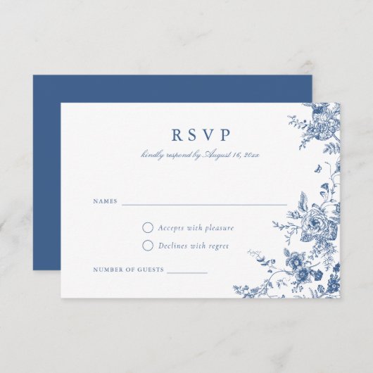 Elegante botanische blaue RSVP-Karte für die Botan Einladung (Vorne/Hinten)