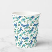 Elegante botanische Blüte und blaue Libelle Pappbecher (Rückseite)