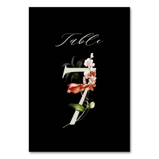 Elegante botanische Blütennummer 7, schwarz Tischnummer (Rückseite)