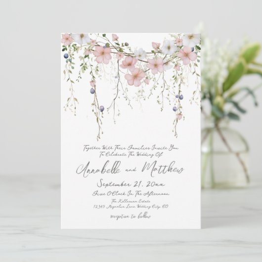 Elegante Botanische Einfache Wildblume Hochzeit Einladung (Stehend Vorderseite)