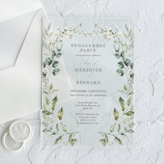 Elegante botanische Engagement-Partei Acryleinladungen