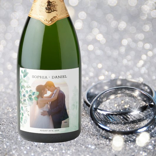 Elegante botanische Eukalyptus-Blätter Foto Hochze Schaumweinetikett