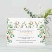 Elegante botanische Eukalyptus Gold Baby Dusche Einladung (Stehend Vorderseite)