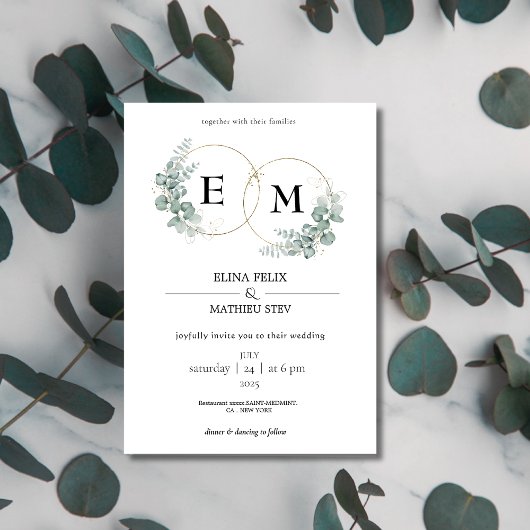 Elegante botanische Eukalyptus Monogram Wedding Einladung