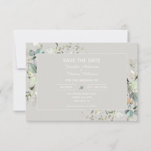 Elegante Botanische Eukalyptus-Perchment-Farbe Save The Date (Vorderseite)