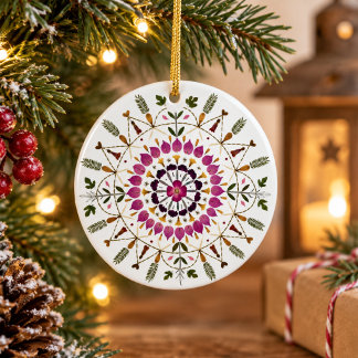 Elegante botanische gepresste Blumen-Mandala-Weihn Keramik Ornament