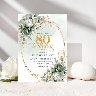 Elegante botanische goldene 80. Geburtstagseinladu Einladung