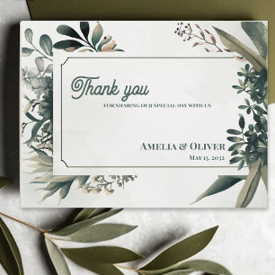 Elegante botanische Gruene Hochzeit Danke Postkarte
