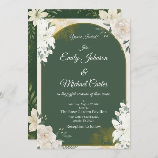 Elegante botanische Grün- und Goldhochzeit Einladung (Vorne/Hinten)