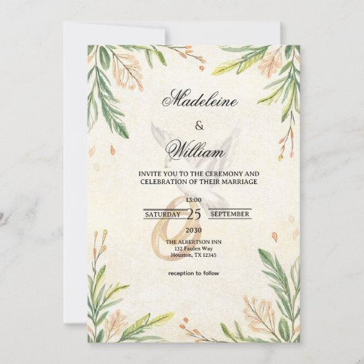 Elegante Botanische Grünpflanzen Dove & Rings Wedd Einladung (Vorderseite)