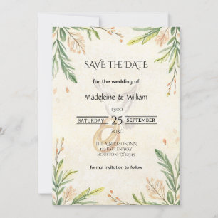 Elegante Botanische Grünpflanzen Dove & Rings Wedd Save The Date