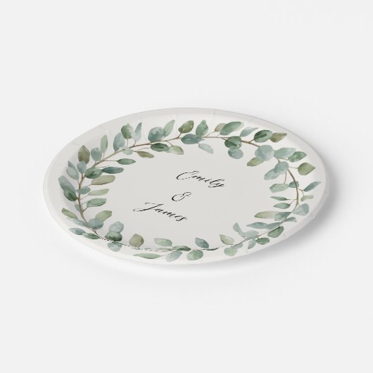 Elegante botanische Grünpflanzen Hochzeitspapier-T Pappteller (Schrägansicht)