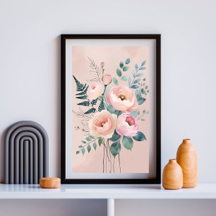 Elegante botanische Harmonie Rosé und Salbei-Blu Poster