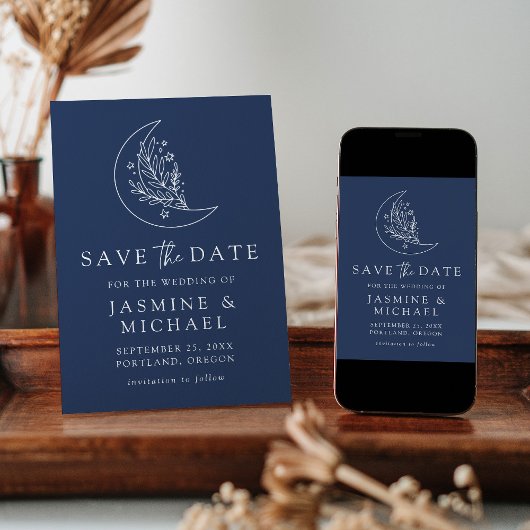 Elegante Botanische Hochzeit des Mondes und der St Save The Date