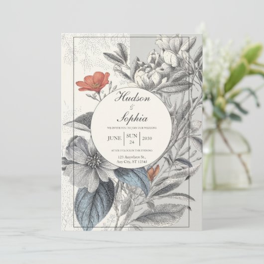 Elegante botanische Hochzeit Einladung (Stehend Vorderseite)