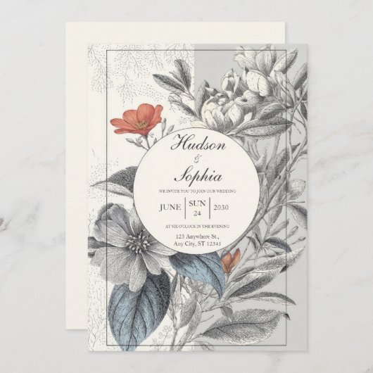 Elegante botanische Hochzeit Einladung (Vorne/Hinten)