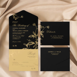 Elegante botanische Hochzeit in Schwarz und Gold All In One Einladung