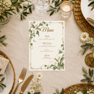Elegante Botanische Hochzeit mit Calla-Lilie Menükarte