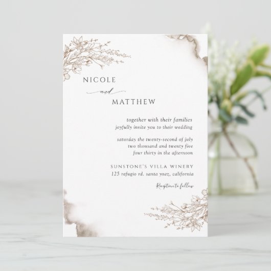 Elegante Botanische Hochzeit mit erdigen Tönen Einladung (Stehend Vorderseite)