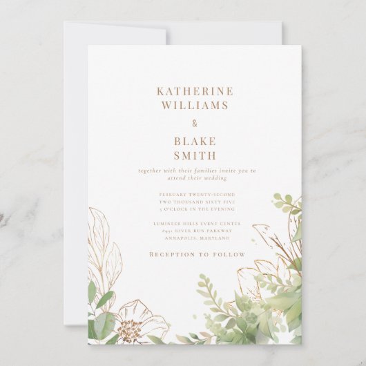 Elegante botanische Hochzeit mit Goldtext Einladung (Vorderseite)