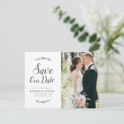 elegante botanische Hochzeit speichern Sie das Dat Postkarte (Stehend Vorderseite)