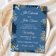 Elegante botanische Hochzeitseinladung Blau 