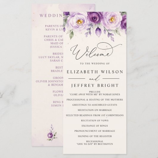 Elegante Botanische Lavendel Lila Florale Hochzeit Programm (Vorne/Hinten)