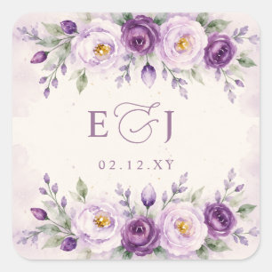 Elegante Botanische Lavendel Lila Florale Hochzeit Quadratischer Aufkleber
