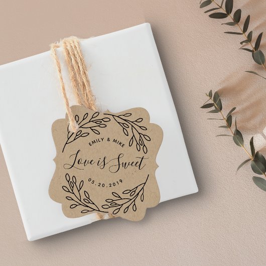 Elegante botanische Liebe ist Sweet Wedding Kraft Geschenkanhänger