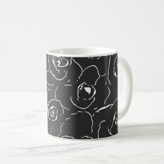 Elegante botanische Linie Zeichnend Muster Schwarz Kaffeetasse (VorderseiteRechts)